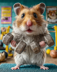 Hamster with dumbbells on the background of the gym.