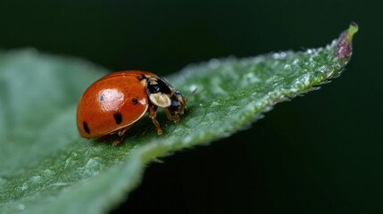 Obraz premium Close-up of a ladybug on a green leaf. the ladybug is facing towards the right side of the image and its body is covered in small black spots.