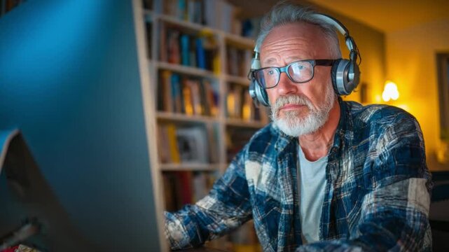 Focused Study: A senior individual engrossed in his studies, listening with headphones. This picture highlights his intense concentration as he engages with his computer.