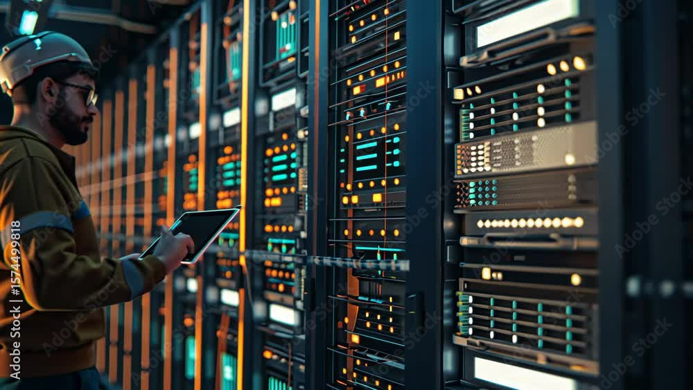 Poster firewalls in a modern server room with advanced infrastructure