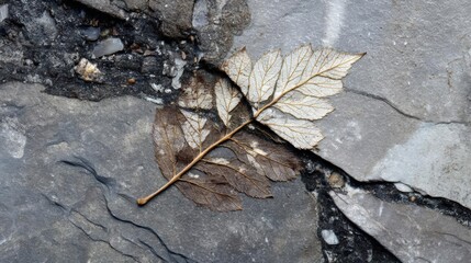 Close-up of a single leaf lying on a gray concrete surface. the leaf appears to be dry and wilted, with a brownish-brown color and a thin stem.