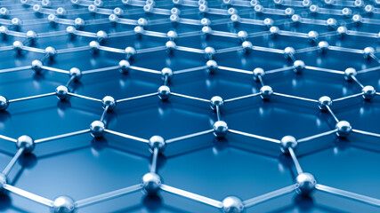 Graphene Atomic Structure on Blue Background – Close-Up Visualization of Hexagonal Carbon Lattice in Nanotechnology and Material Science