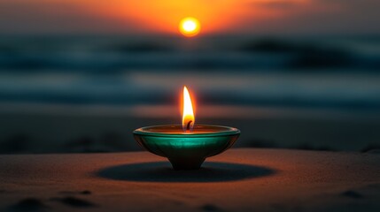 Teal candle glows softly on the beach at sunset.