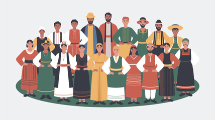 Illustration of people in traditional clothing standing together in a group