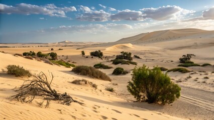 Explore desert landscape: scenic sand dunes, arid climate, and desert vegetation views