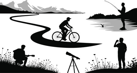 Silhouette illustration of outdoor activities with lake mountains and wildlife