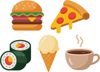 Illustration of a burger pizza sushi ice cream cone and a cup of hot coffee