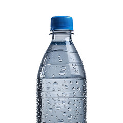 Realistic clear plastic water bottle with pure water and wet surface, medium shot isolated on white, commercial product rendering PNG
