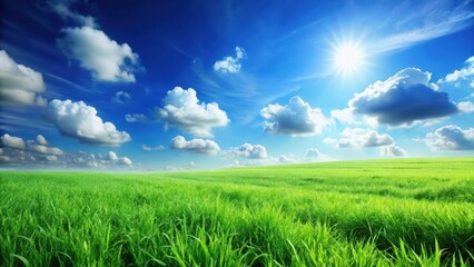 Obraz premium Green lush grass landscape under bright blue sky on sunny day
