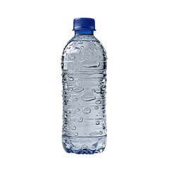 Transparent water bottle with ridged neck, condensation texture, and bright blue cap, isolated clean object on white background PNG