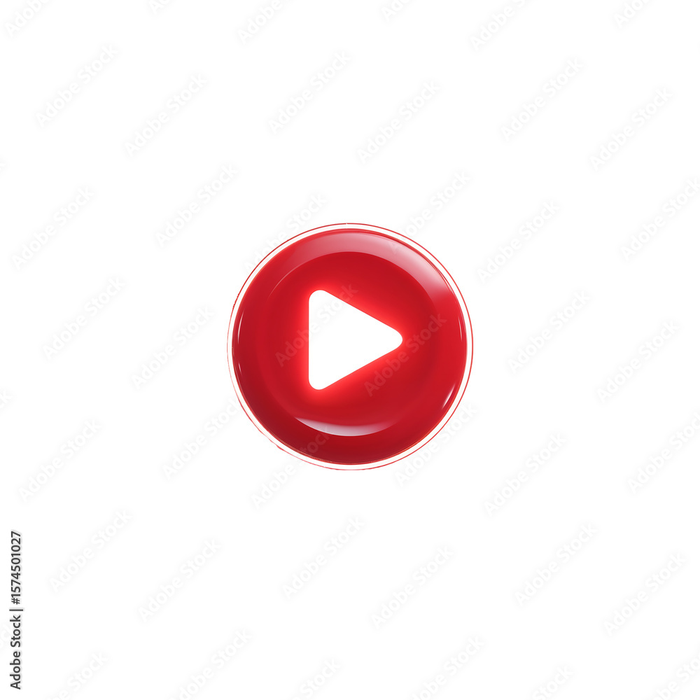 Poster vibrant red circular play button with reflective surface and central white triangle, high-resolution