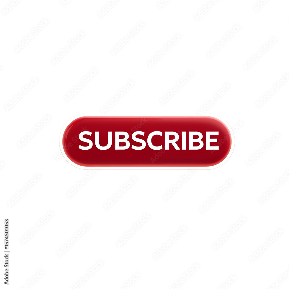 Poster glossy red subscribe button with bold white text, pill-shaped digital element on white background, 3