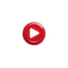 Vibrant red circular play button with reflective surface and central white triangle, high-resolution PNG isolated on transparent background