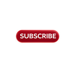 Glossy red subscribe button with bold white text, pill-shaped digital element on white background, 3D-style call-to-action design