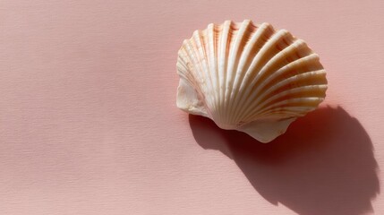 Close-up of a single scallop shell on a pink background. the shell is light pink in color and has a smooth, curved shape with ridges and grooves running along its length.
