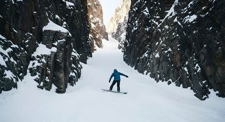 Snowboarder descending mountain valley