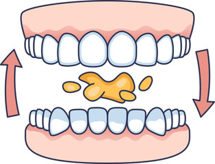 A cartoon illustration of teeth and gums showing the chewing process. Arrows indicate the jaw's motion breaking down food, representing the first step of digestion.