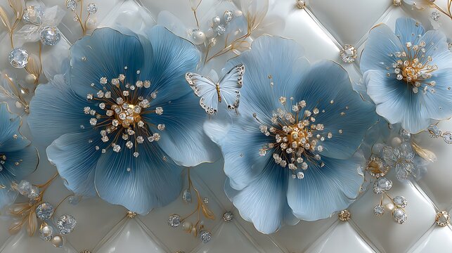 Elegant blue floral arrangement with a delicate butterfly adorned with sparkling diamonds and gold accents