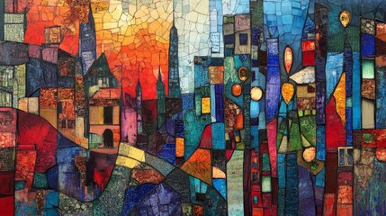 Fototapeta premium Urban Reflection in Broken Glass Shards with Vivid Colors
