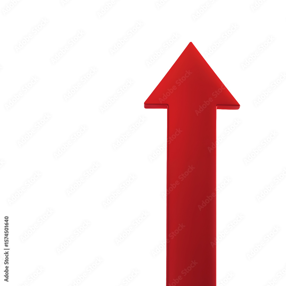 Poster bold 3d red arrow pointing upward with smooth design and subtle shadow, isolated on white background