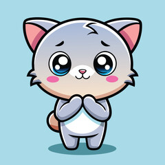 Cute cartoon gray cat with big eyes, light blue background, paws together in a praying position