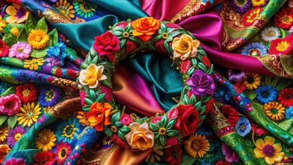 Vibrant floral wreath on multicolored silk fabric