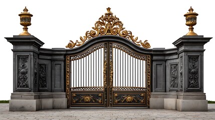 Ornate black and gold wrought iron gates with classical stone pillars and urn finials