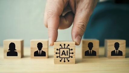 Wooden blocks present AI and human figures, representing automation