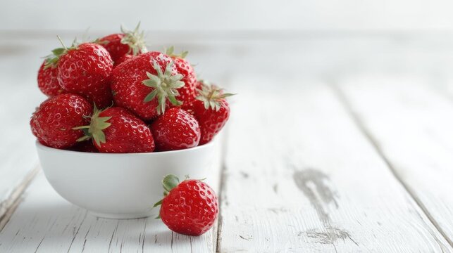 White bowl filled with fresh strawberries on a white wooden table. the strawberries are bright red in color and have green leaves still attached. - Powered by Adobe