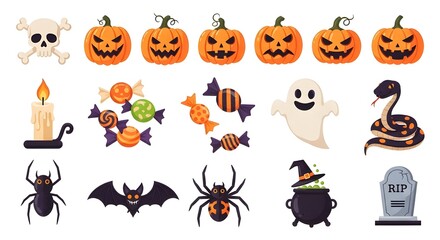 Halloween Clipart Mega Set – Flat Modern Vector Illustrations of Skulls, Pumpkins, Ghosts & Spooky Elements