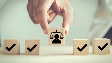 Justice icon is placed in a row of wooden check mark blocks