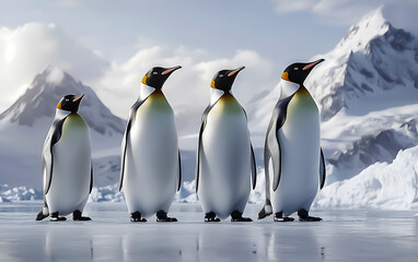 Obraz premium Group of Emperor Penguins on Frozen Ice – Majestic Mountain Backdrop.