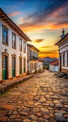 Ancient architecture and stones with colonial style buildings at sunset in Pirenopolis Goias Brazil