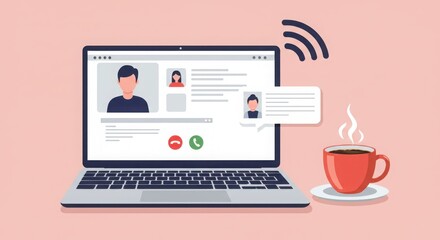 Laptop displaying video call interface with coffee cup on a pink background