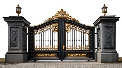Ornate black and gold wrought iron estate entrance gates with stone pillars and lamps