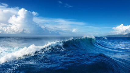 Massive ocean wave breaking with white foam on a sunny blue sky day, ocean water moving with raw power in high-resolution tropical seascape