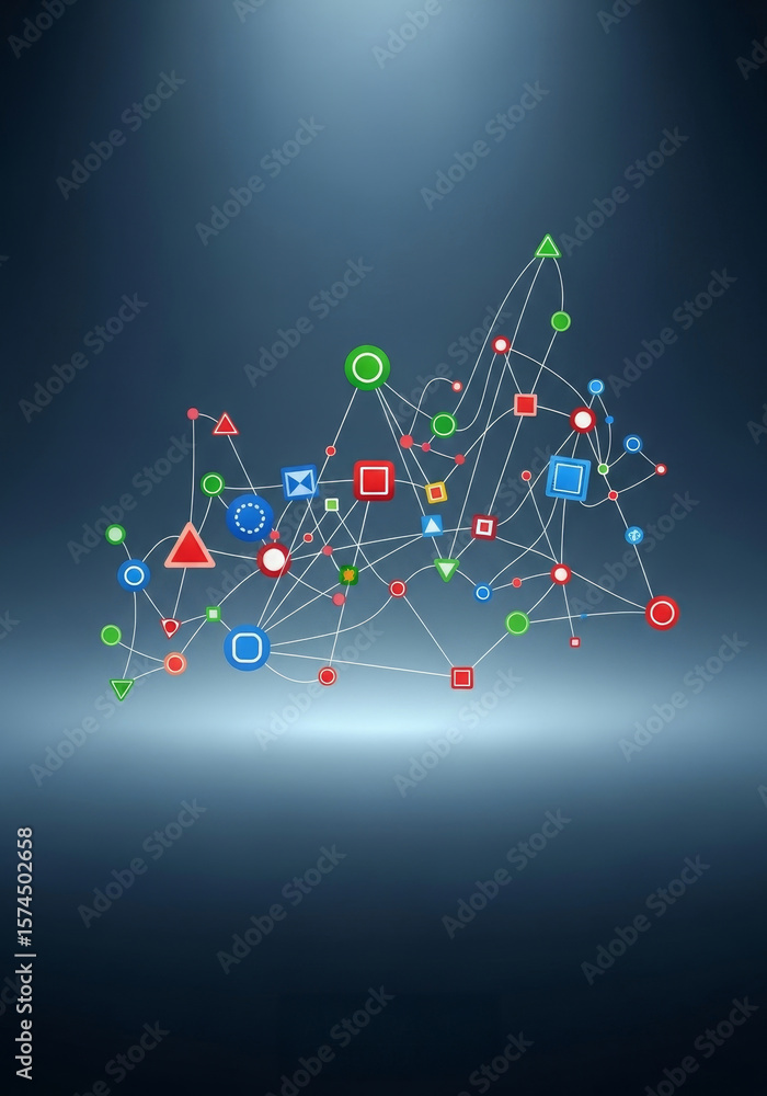 Poster global network connection - abstract depicting a complex network of interconnected shapes and lines,