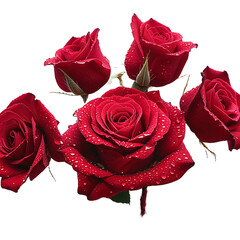 Intimate close-up of blooming red rose with dark green leaves and soft lighting, realistic floral PNG for design and decoration