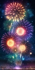 Dazzling display of fireworks bursting in a variety of colors against the night sky, symbolizing celebration festivity