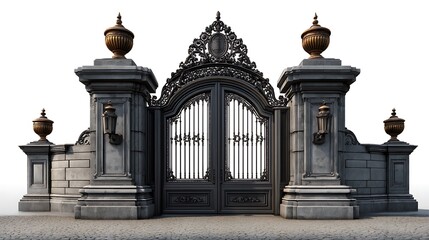 Grand ornate black metal estate gates with stone pillars and urns