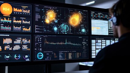 A person views data on multiple large screens in a modern control room