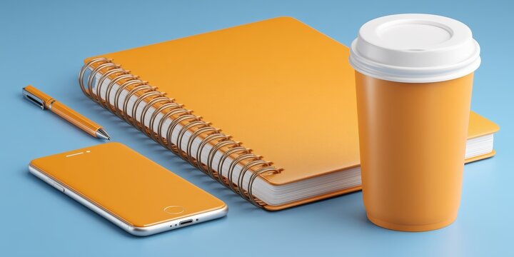 Modern workspace with orange notebook smartphone coffee cup and pen on blue background for branding and creative office design.