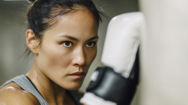 Determined Asian female kickboxer with intense focus training in boxing gym, wearing gloves and athletic wear