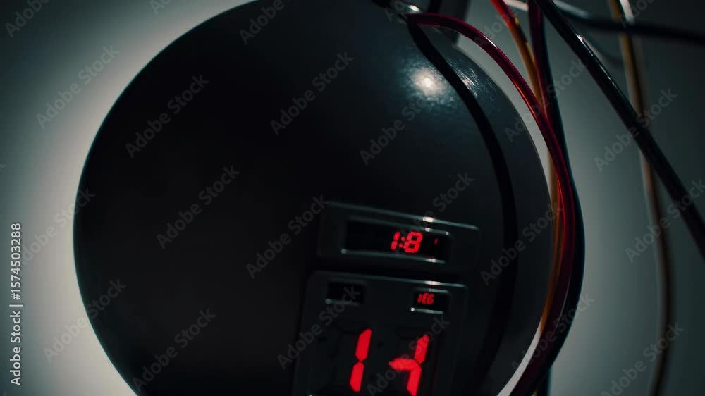 Poster close-up of a round bomb with digital timer and wires, shot from a low angle. dramatic lighting crea