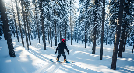 Snowboarder in snowy forest landscape