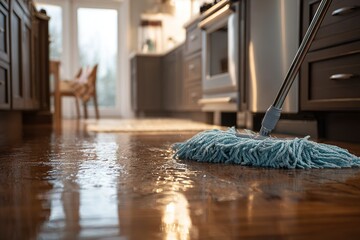 Cleaning hardwood floors with a mop in a bright kitchen during the day