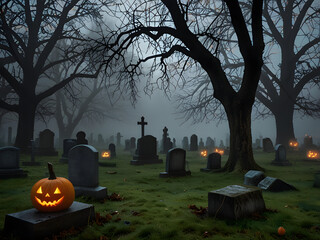atmosphere of the Halloween graveyard is scary and spooky.