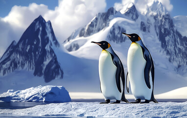 Obraz premium Antarctica Landscape with Emperor Penguins and Snow-Capped Peaks.