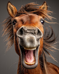 Funny face of a horse with open mouth on a gray background