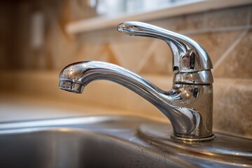 Kitchen faucet shines under sunlight, highlighting modern design in a cozy home setting